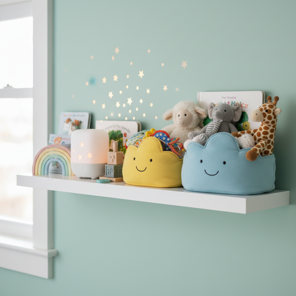 A whimsical baby nursery shelf packed with eclectic Amazon finds for infants and toddlers. A soft, pastel rainbow-shaped silicone teether lies next to a starry night white noise machine with rounded corners and a wooden base. Cotton cloud-shaped baskets in bright yellows and blues overflow with plush toys and board books, all organized on a smooth white floating shelf against a mint-colored accent wall. Diffused daylight fills the room, giving everything a soft, clean luminosity and gentle highlights on curved forms. Shot from a slightly elevated angle with sharp focus throughout, the image feels playful, joyful, and energetic with a crisp, photographic aesthetic.